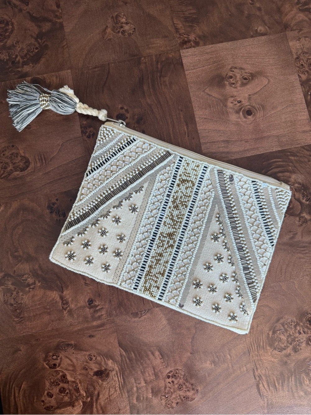 Beaded Tassel Zip Pouch Clutch - Neutral Ivory & Gold